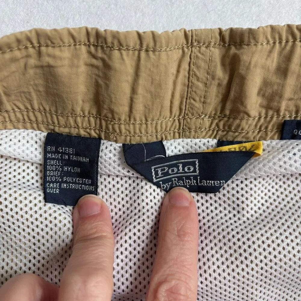 Polo Ralph Lauren Lined Swim Shorts Mens L Tan Cargo Pony Preppy Nylon Pull On